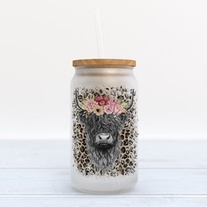 Highland Cow  Frosted 16oz Glass Can, Iced Coffee
